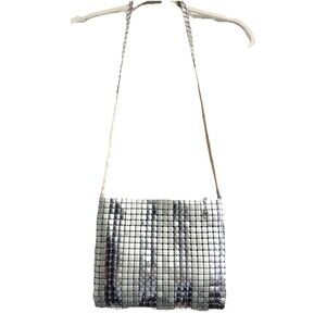 Marlo Retro 80's Silver Metal Square Evening Mesh Shoulder-Crossbody Hand Bag